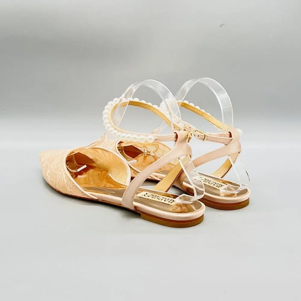Badgley Mischka Shoes Womens 8 Pink Lace Slingback Flats Bridal Pearl Strap